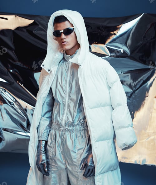 Preview: Holographic, vaporwave clothes and man with fashion and futuristic ski style with sci fi in studio.