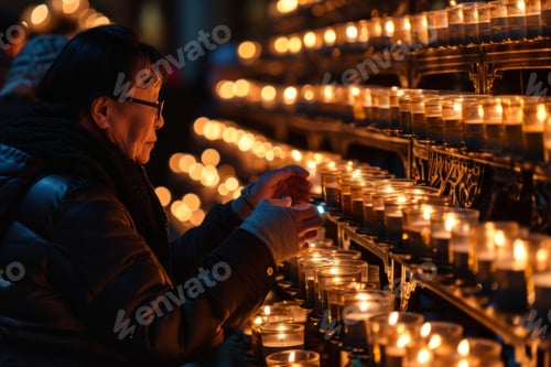 Preview: Calm elderly senior Japanese woman retired female grandmother prayer lighting many ritual candles