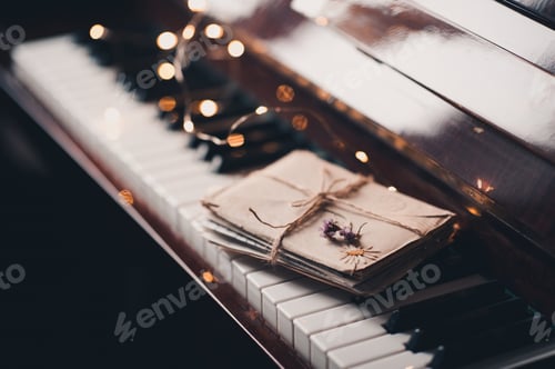 Preview: Paper letters laced with dry flowers on piano keys