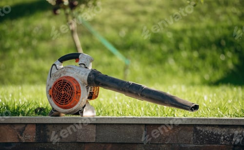 Preview: Professional blower is against green lawn with grass, at daytime