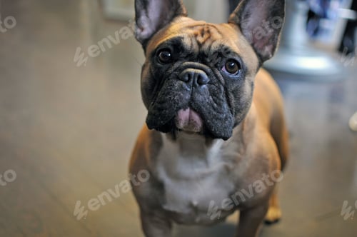 Preview: Closeup shot of a cute adult French bull dog looking at the camera