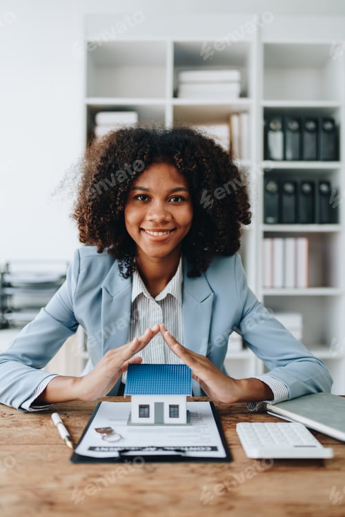 Preview: Real estate african american, Agent, buy and sell land, property tax, show the concept of protecting