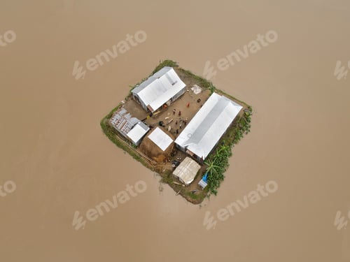 Preview: Aerial shot of flooded Area of a building and grass in Taherpur Sunamganj, Bangladesh