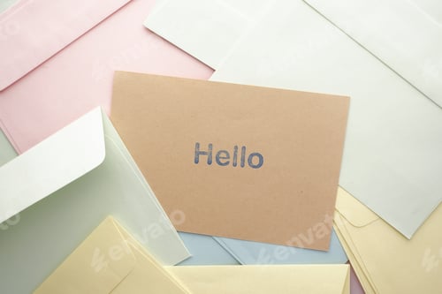 Preview: close up of hello text in blue color on a envelope