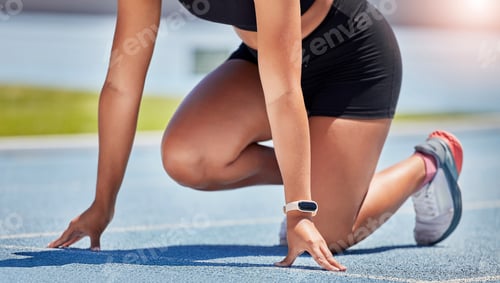 Preview: Athlete, starting line and sports track with runner outdoor for fitness, exercise and training for