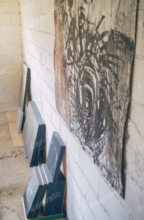 Preview: Set of finished modern artworks in artist studio