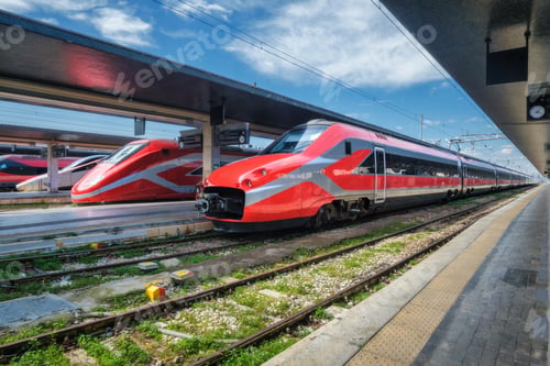 Preview: High speed trains on the train station at sunny day