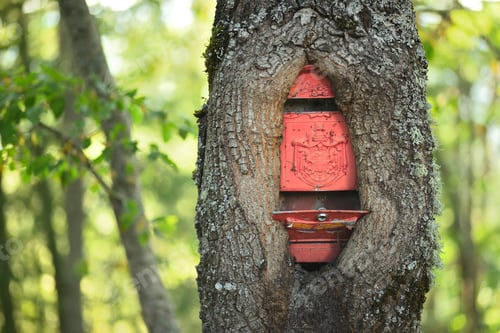 Preview: Red Mailbox Embedded in Tree Trunk in Forest