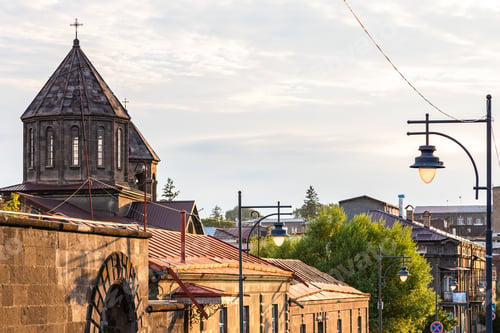 Preview: skyline of old town of Gyumri city at sunset