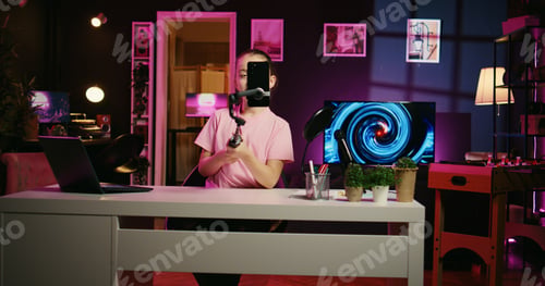 Preview: Panning shot of youngster filming video with phone on tripod in pink neon lit living room