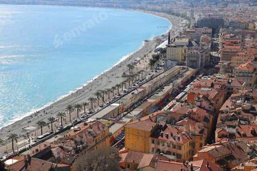 Preview: Panoramic view of spring Nice coastline and old town, French Riviera