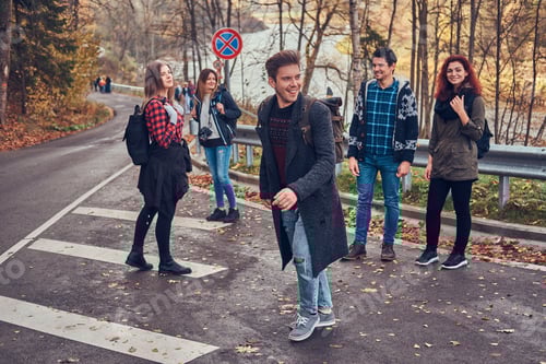 Preview: Group of happy friends of tourists stand on side of the road and catch a passing car.