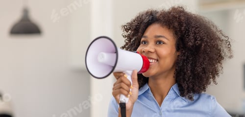 Preview: Business black african woman shouting on the megaphone. making Comment, reply, fail, notice and