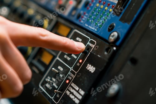 Preview: Sound Engineer Using Digital Audio Mixer Sliders Engineer Pressing Power Button Control Panel
