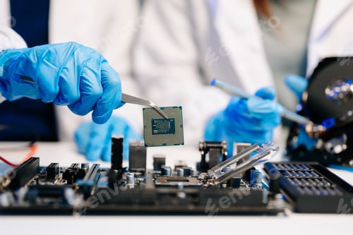 Preview: The technician is putting the CPU on the socket of the computer motherboard. electronic engineering