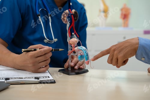 Preview: A male doctor sits works at the table, explaining the urinary system and penile health to anxious