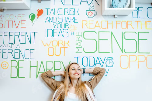 Preview: Woman on the wall background with various inscriptions
