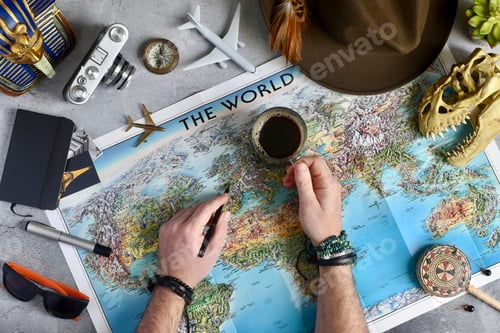 Preview: Flat lay travel background person holding a coffee mug