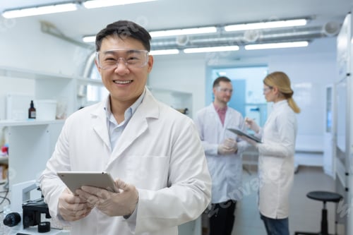 Preview: Portrait of an Asian laboratory technician scientist inside a laboratory, the man is looking at the
