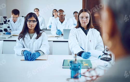 Preview: University, education and science students with professor in classroom. College books, learning and