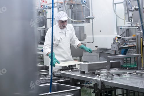 Preview: Male worker working in organic tofu production factory