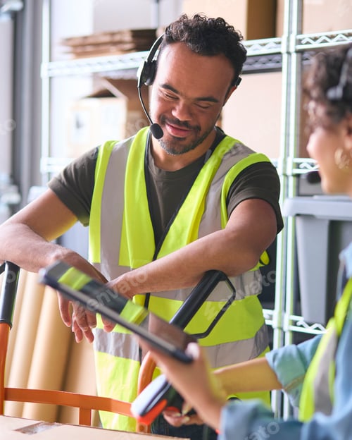 Preview: Woman Using Digital Tablet And Male Colleague With Down Syndrome In Warehouse Wearing Headsets