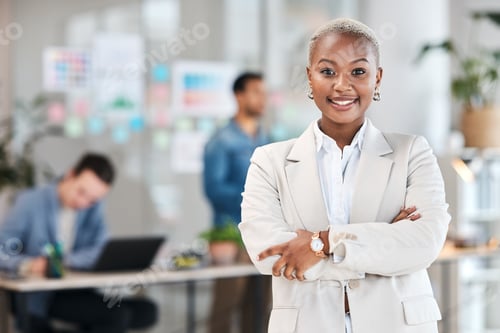 Preview: Portrait, confident and happy woman in office with mockup, leadership and startup business ceo at a