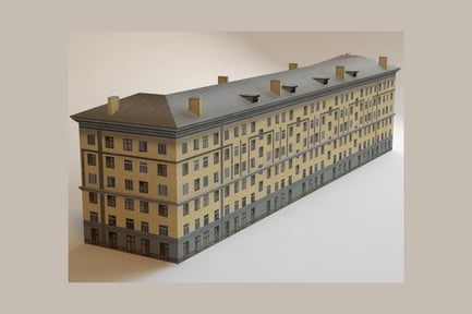 Visualização: Edifício de dois andares com telhado plano com varandas e chaminés