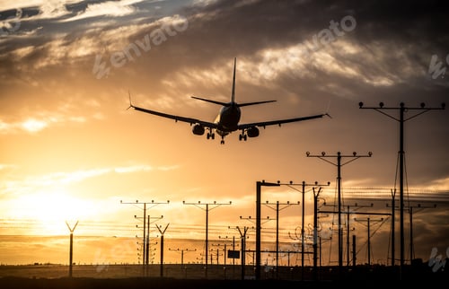 Preview: Airplane Flying in Silhouette Against Beautiful Sunset Sky