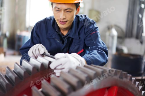 Preview: Worker using equipment in crane manufacturing facility, China