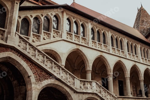 Preview: Corvin Castle impressive arches of the corridor. Historical Building