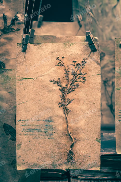 Preview: Herbalist workshop with dried plant cards as Hallowee background.