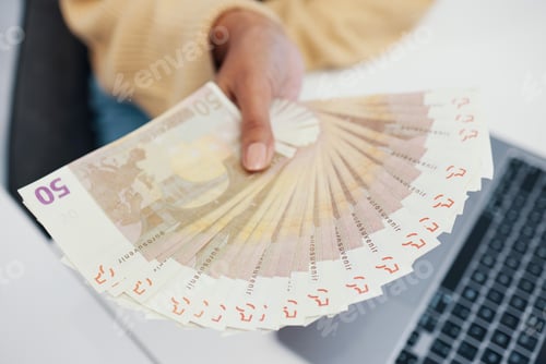Preview: Person, hand and money fan in financial freedom, salary or payment for investment, growth or profit