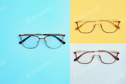 Preview: Child's plastic frame for glasses. Mock up for the design of optics store and shop, eye clinic