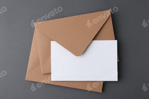 Preview: Blank greeting card and envelopes on grey background, top view