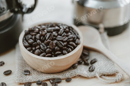 Preview: Roasted Coffee Beans in Wooden Bowl Still Life