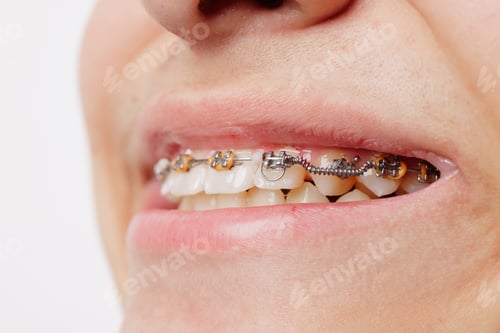Preview: Detailed view of metal dental braces and coil spring on teenager’s upper teeth during treatment.