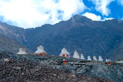 Preview: Buddhist stupa and Buddhist monastery in mountains of Ladakh, India.