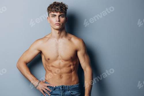 Preview: man handsome care gray young smile curly bodybuilder strong beauty muscle sport