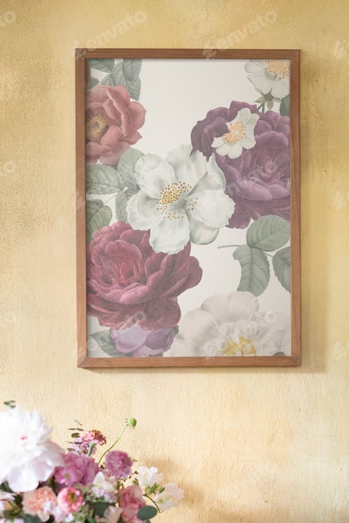 Preview: Floral frame mockup on a grunge yellow wall