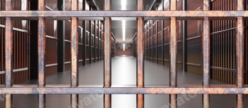Preview: Prison interior. Jail cells, corridor and security metal bars. 3d illustration