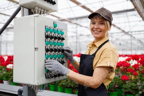 Preview: Pleasant woman in apron and cap presses the buttons on the control panel of the automatic watering