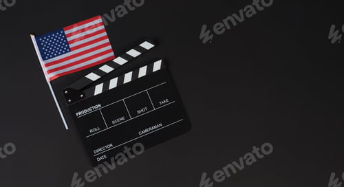 Preview: Usa flag and Clapper board on black background