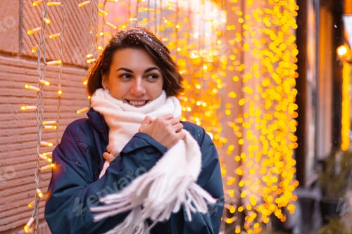 Preview: Caucasian happy smiling woman enjoying snow and winter, wearing warm scarf