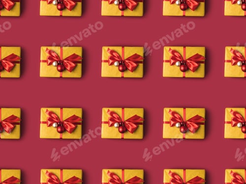 Preview: full frame of wrapped presents decorated with christmas toys and ribbons