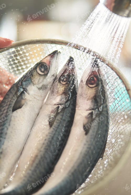 Preview: Clean the raw chub mackerel in a wire mesh basket