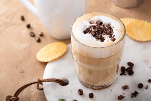 Preview: Coffee latte and cappuccino in a glass and white mug