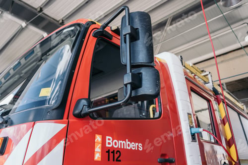 Preview: Red firetruck parked inside fire station, ready for action