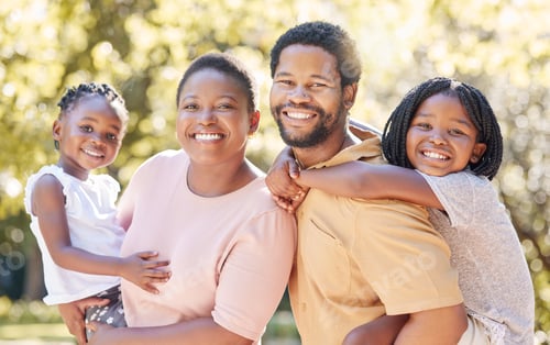 Preview: Children, family and love with a black man, woman and their kids outdoor in the park during summer.