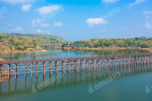 Preview: Aerial top view of houses in Mon village, Kanchanaburi, Thailand in urban city town in Asia